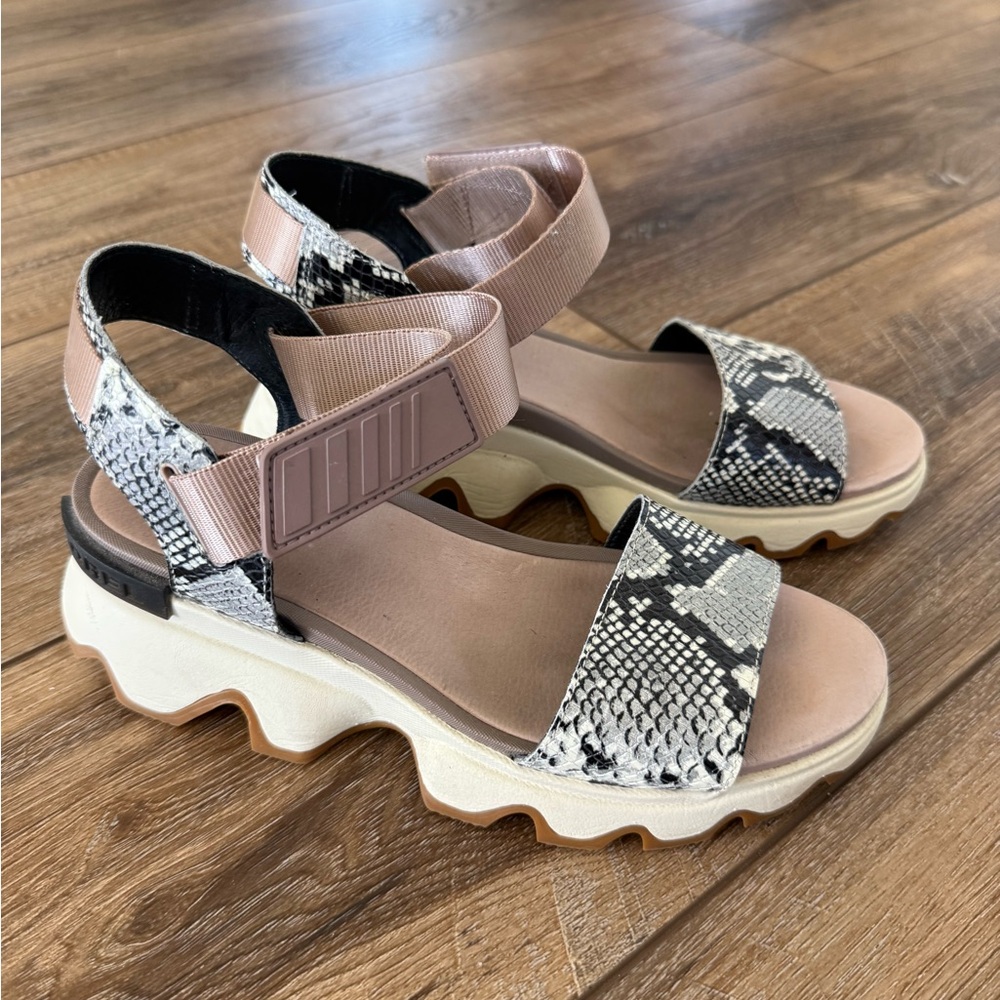 Sorel Women's Snake-Print Platform Sandal in Taupe and Black